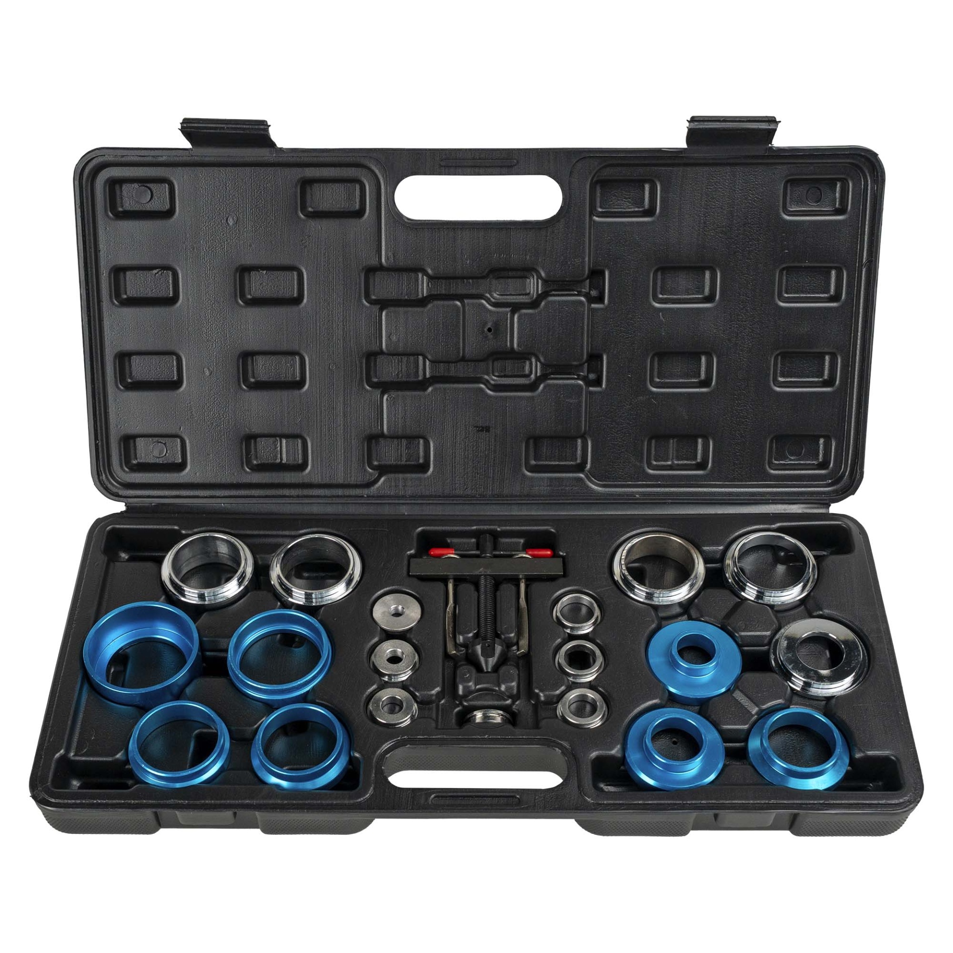 CONJUNTO DE EXTRATOR/INSTALADOR DO VEDANTE DA CAMBOTA | JBM 54886 Conjunto de ferramentas metálicas e azul em estojo preto aberto