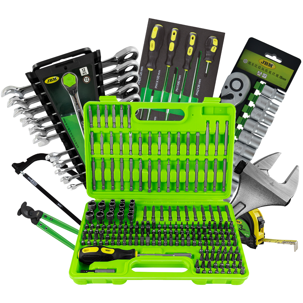 Conjunto de ferramentas variadas com estojo verde e acessórios sobre fundo branco