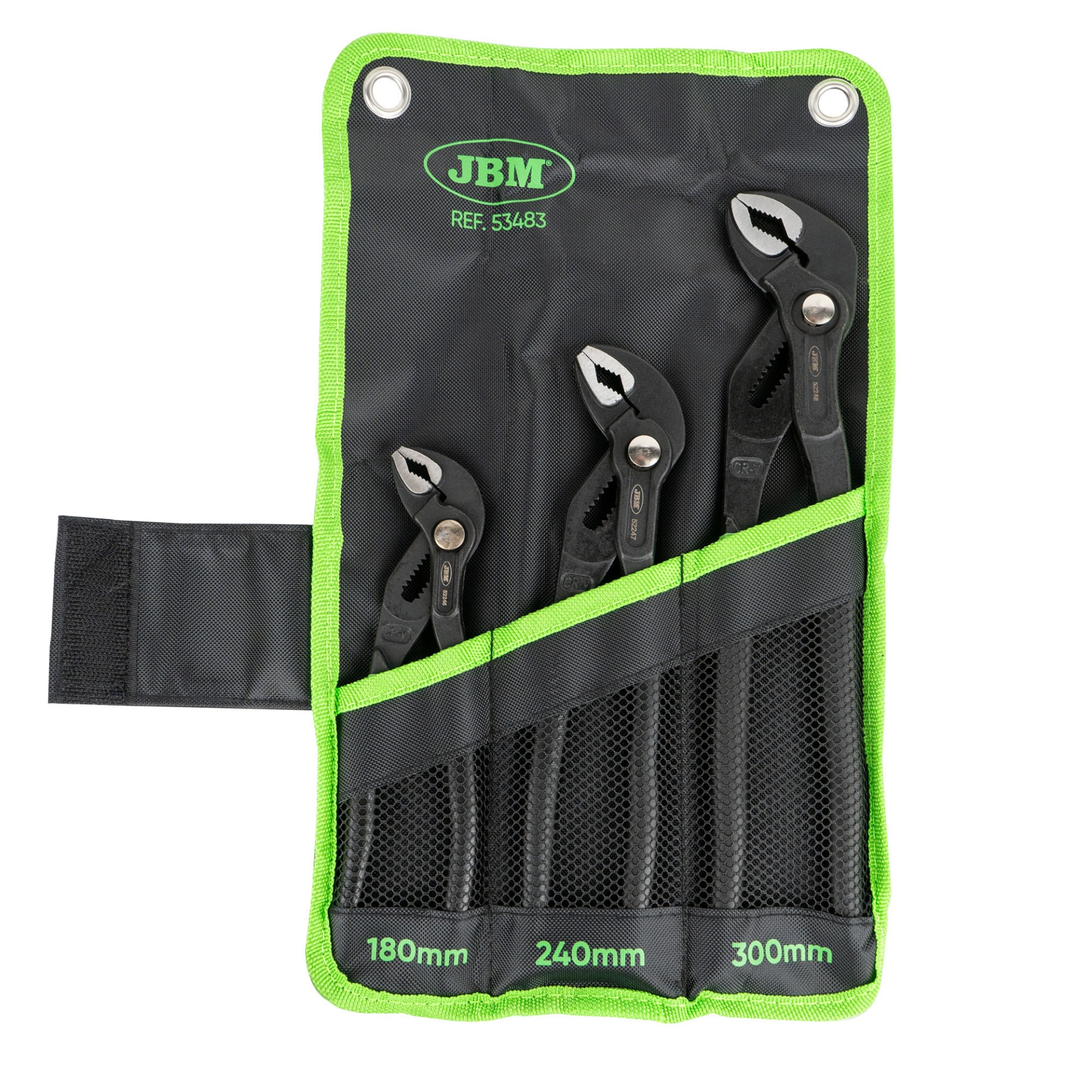 JOGO DE 3 ALICATES AJUSTÁVEIS JBM 53483 Conjunto de chaves ajustáveis num estojo preto com bordas verdes
