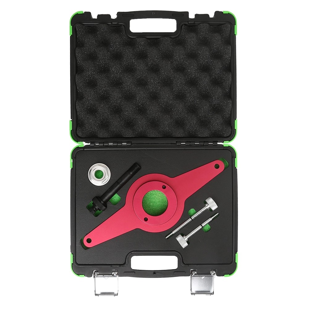 KIT FERRAMENTAS DE MONTAGEM DO AMORTECEDOR DE VIBRAÇÃO VAG | 54218 Maleta preta com ferramentas metálicas vermelhas, verdes e pretas organizadas dentro.