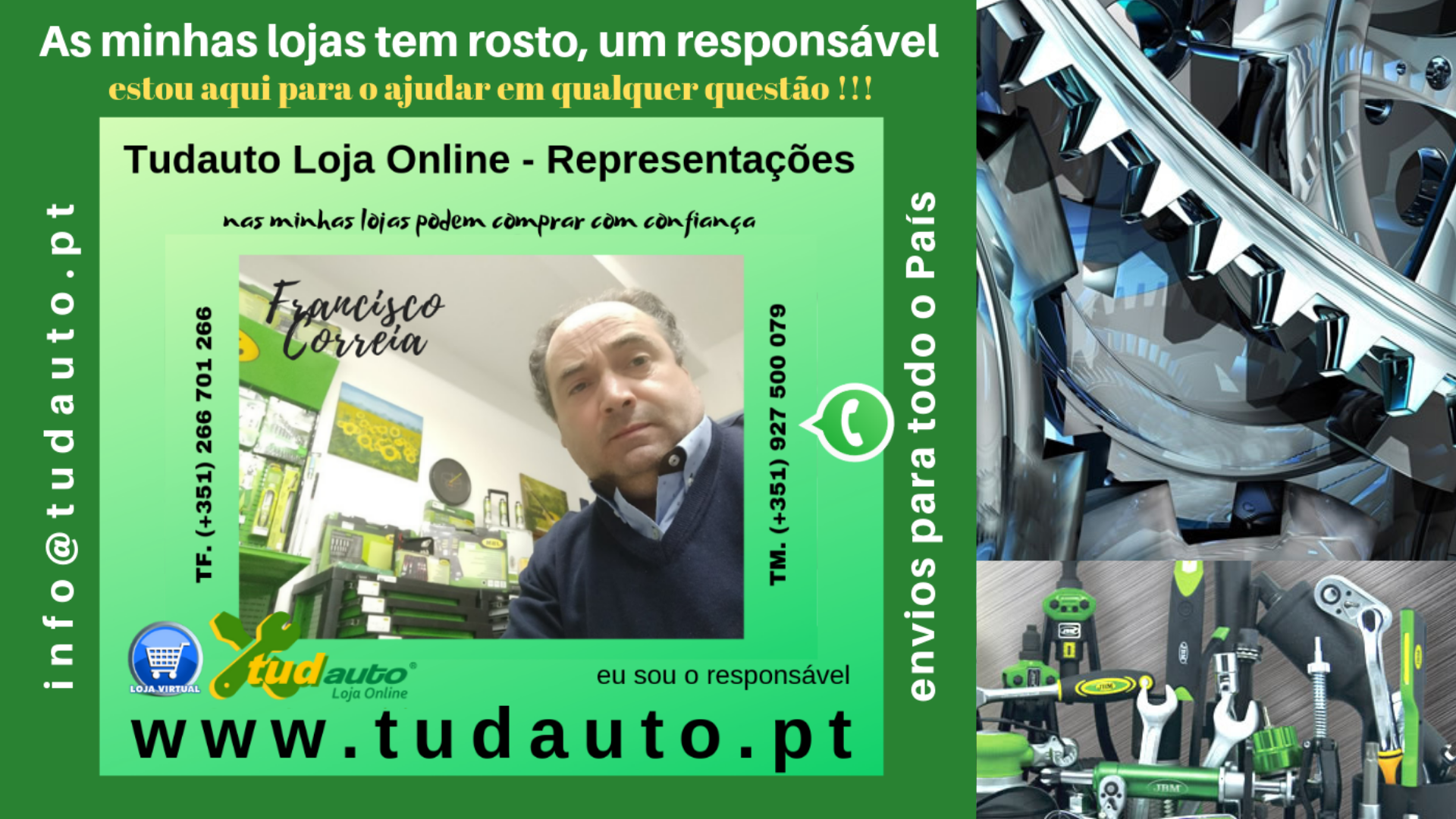 Cartaz publicitário da loja online Tudauto com contacto e imagem do responsável, fundo com ferramentas mecânicas.