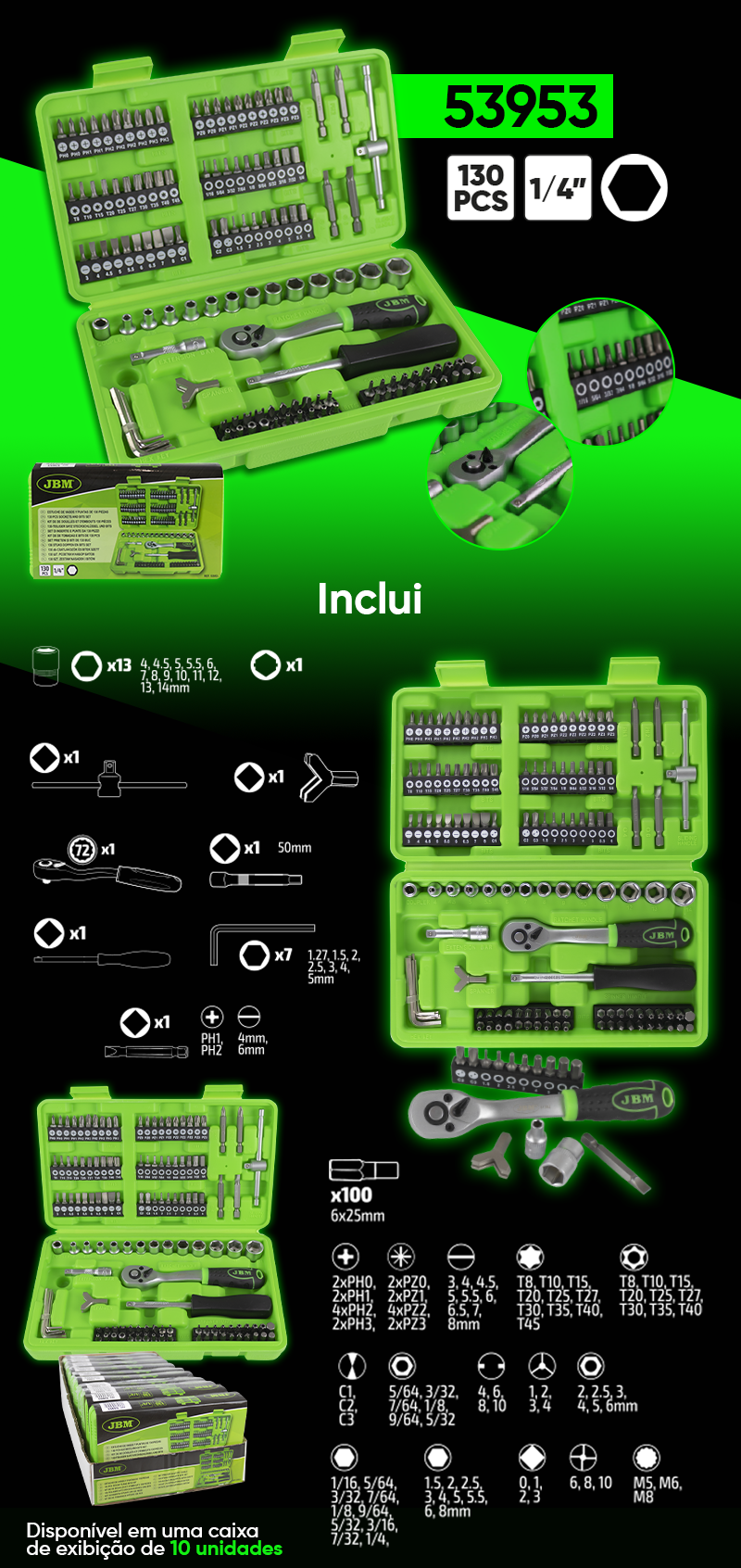 Caixa de Ferramentas JBM com 130 Chaves e Bits 53953 Kit de ferramentas JBM 53953 verde com 130 peças e texto descritivo em português.
