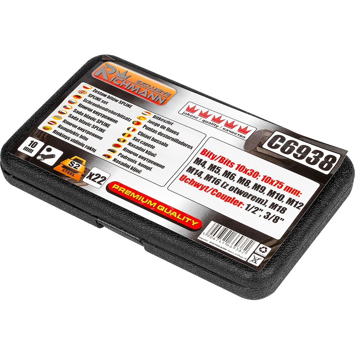 Richmann - Jogo 22 Bits M4-M18 SPLINE C6938 Conjunto de bits multiuso Wiha em caixa preta com etiquetas coloridas