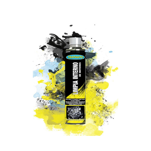 Frasco preto com rótulo da marca TRATAUTO sobre fundo colorido abstrato