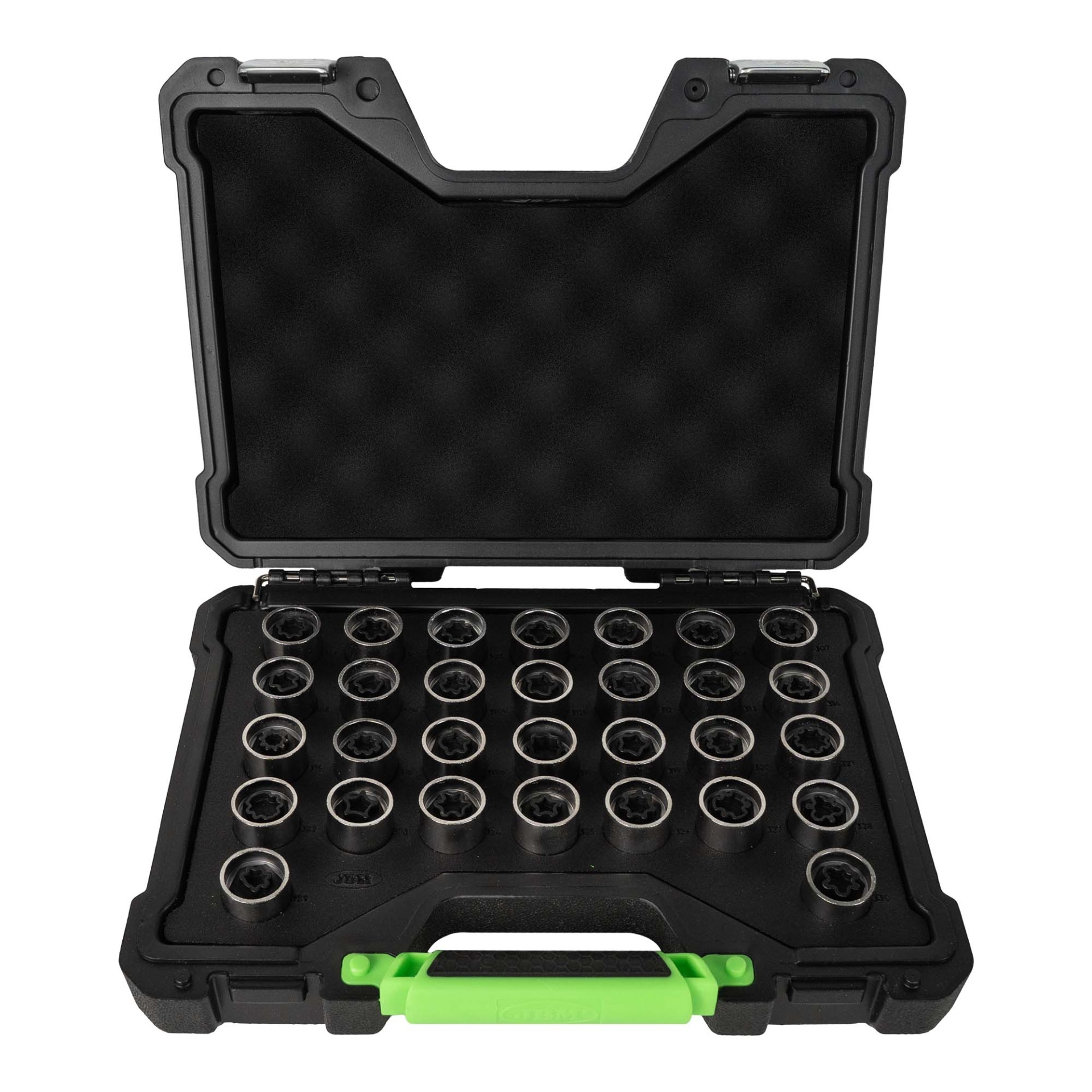 🔑 KIT MESTRE DE CHAVES PARA PERNOS DE SEGURANÇA MERCEDES-BENZ (30 PEÇAS) | JBM 54817 Conjunto de soquetes metálicos em caixa preta com pega verde