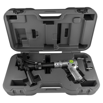 Maleta de plástico cinzenta com pistola pneumática e acessórios