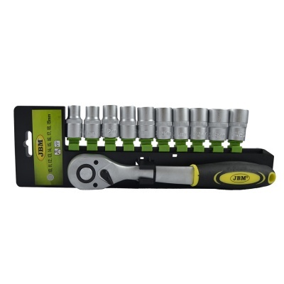 Conjunto de soquetes em aço com cabo de catraca preto e amarelo e suporte verde