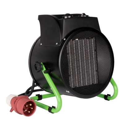 Aquecedor elétrico portátil preto com base verde e ficha vermelha