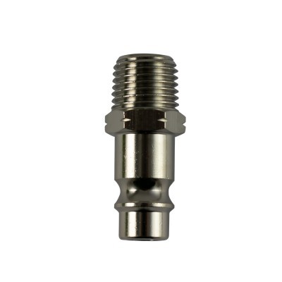 Conector metálico prateado com rosca macho