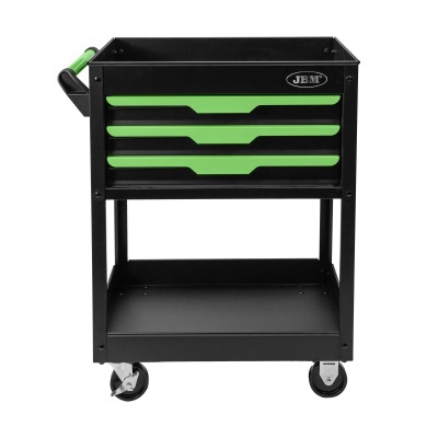 Carrinho de ferramentas metálico preto e verde com rodas e três gavetas