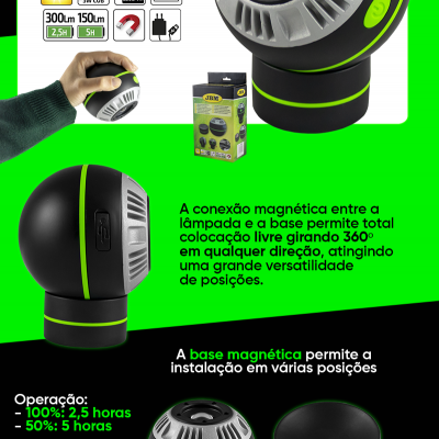 Lâmpada LED portátil redonda preta e verde com base magnética e ficha técnica.