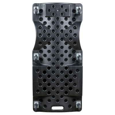 Carrinho de apoio preto com rodas e furos circulares