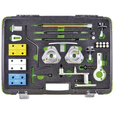 Conjunto de ferramentas especializadas organizadas em caixa preta com interior verde