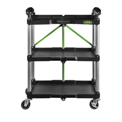 Carrinho metal e plástico preto com reforços verdes e rodas giratórias