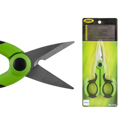 Tesoura multiusos verde e preta na embalagem JBM