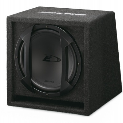 Subwoofer preto Alpine em caixa preta com textura aveludada