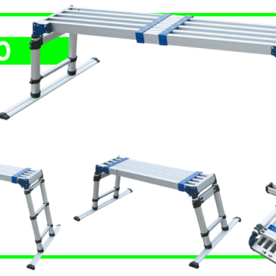 Escada multiuso de alumínio dobrável mostrada em várias configurações diferentes sobre fundo branco.