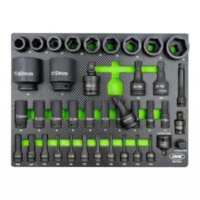 Conjunto de chaves soquetes em suporte preto e verde com vários tamanhos