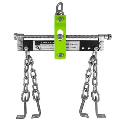 Nivelador de carga metálico com correntes prateadas e etiqueta com texto