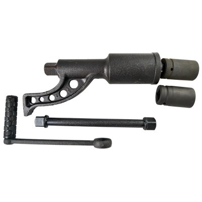 Ferramenta manual metálica preta com peças destacadas sobre fundo branco