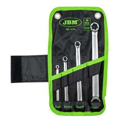 Conjunto de chaves de boca e estrela em estojo preto com bordas verdes.