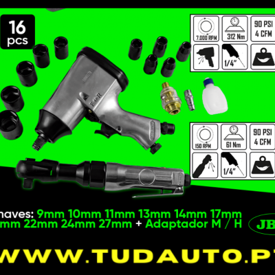 Conjunto de ferramentas pneumáticas com várias peças e adaptadores sobre fundo verde