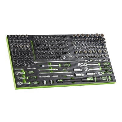 Conjunto de ferramentas multifunções organizadas em caixa preta e verde