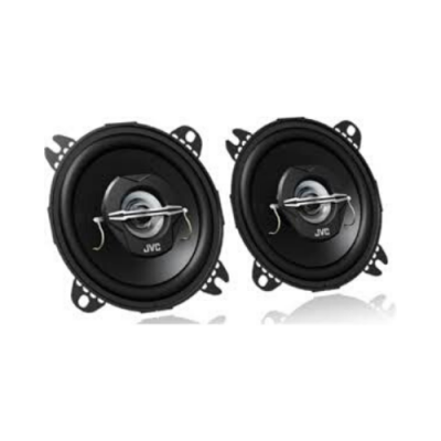 Par de altifalantes JVC pretos circulares com detalhes metálicos