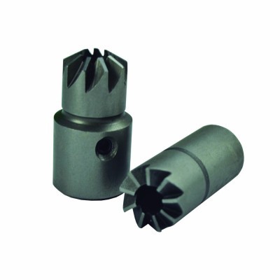 Componentes metálicos cilíndricos com dentes e um furo lateral