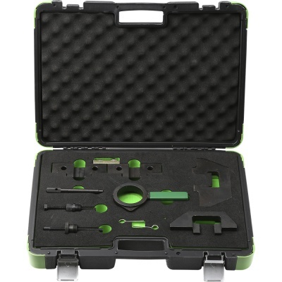 Estojo preto aberto com ferramentas organizadas em espuma preta e verde