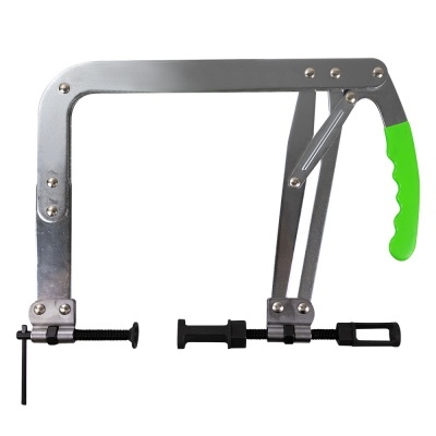 Ferramenta metálica de moldura com punho verde e parafusos de ajuste