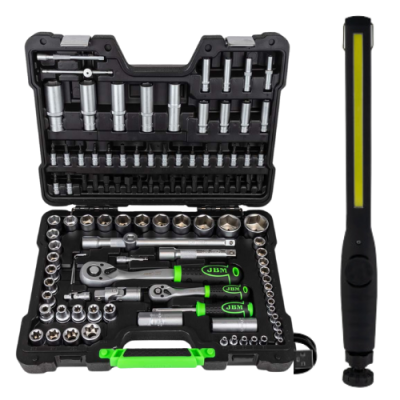 Conjunto de ferramentas com chaves e lanterna em estojo preto e verde