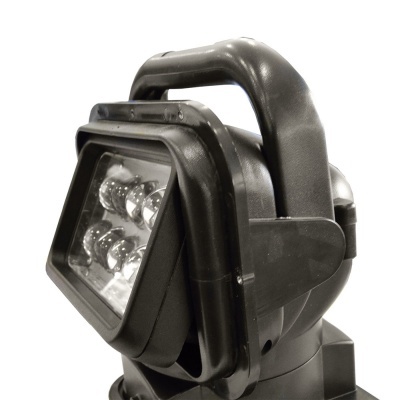 Projetor portátil preto com lente quadrada e alça de transporte