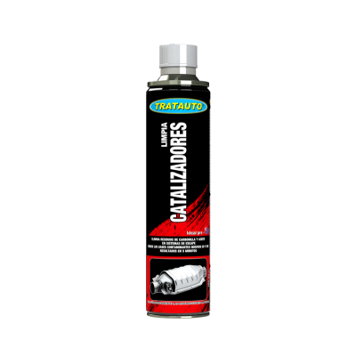 Frasco de produto para limpeza de catalisadores com rótulo preto e texto colorido