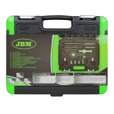 Mala de ferramentas para temporização de motor JBM preta e verde com etiqueta informativa