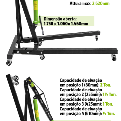Guindaste hidráulico preto e verde com gancho e texto de capacidades e dimensões