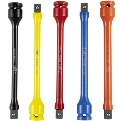 Cinco extensores coloridos para ferramentas com texto impresso