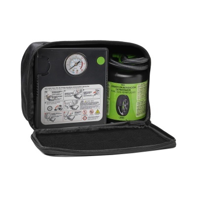 Kit de emergência para pneus com compressor e líquido de reparação na bolsa preta
