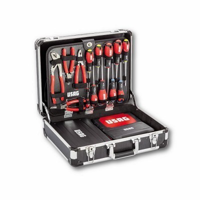 Conjunto de ferramentas USAG em estojo preto aberto com ferramentas vermelhas e pretas organizadas