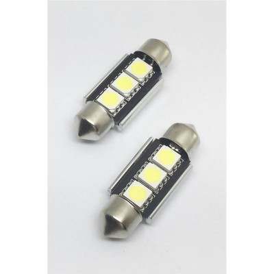 Duas lâmpadas LED festão com três chips amarelos e extremidades metálicas prateadas