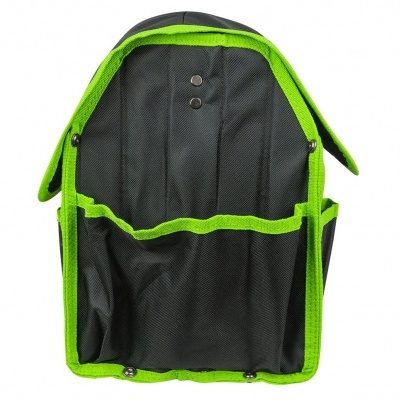 Bolsa organizadora de ferramentas preta com bordas verdes e vários bolsos