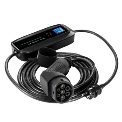 Carregador para veículos elétricos preto com cabo e ecrã digital