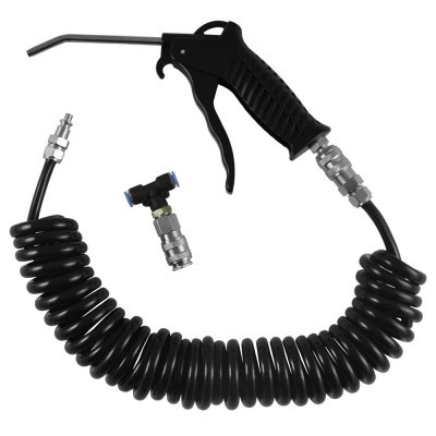 Pistola de ar comprimido preta com tubo espiral e conectores