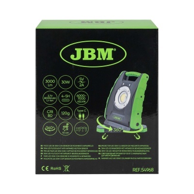 Embalagem preta e verde de holofote LED JBM 30W com sensor de movimento e especificações técnicas.