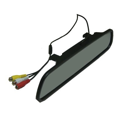 Espelho retrovisor de carro com cabos e fichas RCA amarelo, vermelho e branco