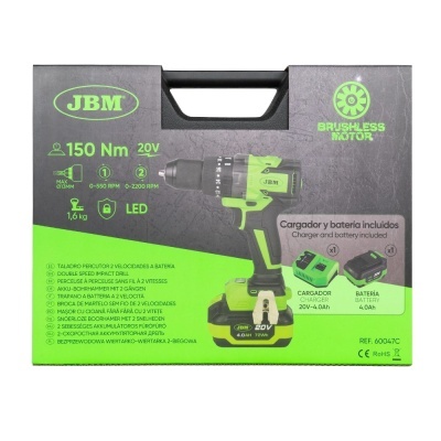 Caixa de parafusadeira JBM preta e verde com texto e imagem do produto