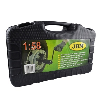 Estojo preto com multiplicador de força articulado JBM e etiqueta com texto