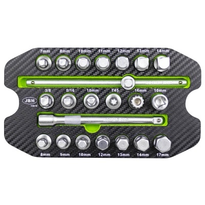 Conjunto de soquetes JBM com alargador e chave T45 em base preta com detalhes verdes