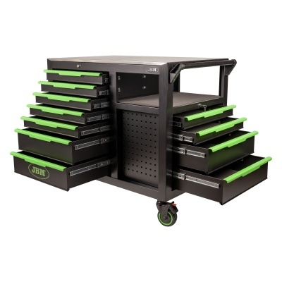 Carrinho de ferramentas preto com gavetas verdes e rodas