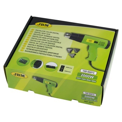 Embalagem da pistola de calor digital JBM verde e preta com texto multilingue e acessórios